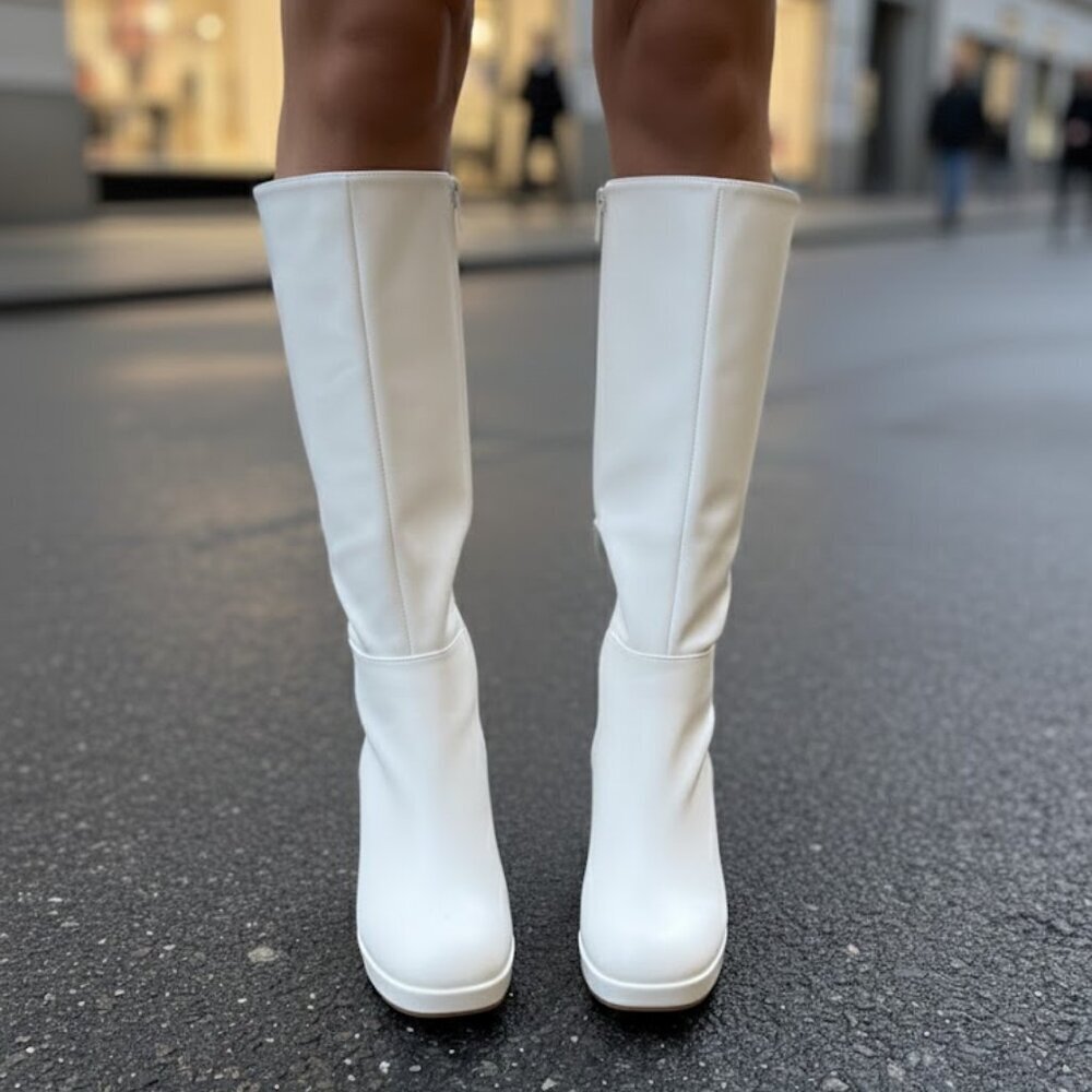 White Knee-High Platform Boots | Block Heel Retro 60s 70s Mod Go-Go Style - Picture 5 of 5